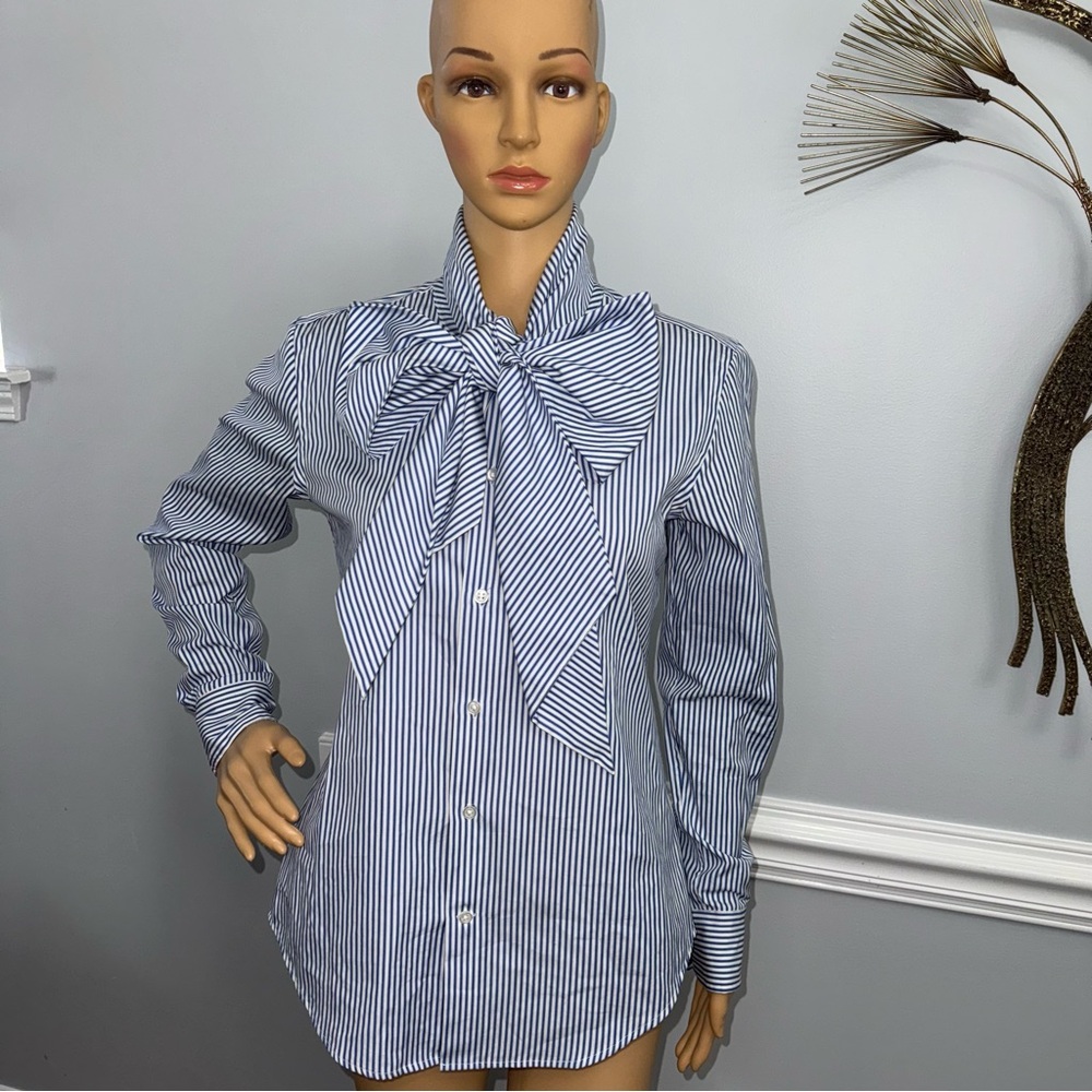 Ralph Lauren Sport Women'S Pinstripe Tie Bow Shirt In Blue & White Size 8